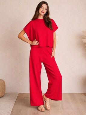NEW Zenana Women’s Ruby Red Ribbed Matching Set Top & High Rise Pants Size Small